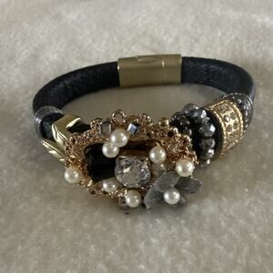 Snakeskin Magnetic Bracelet with Silver and Gold Beads 8"